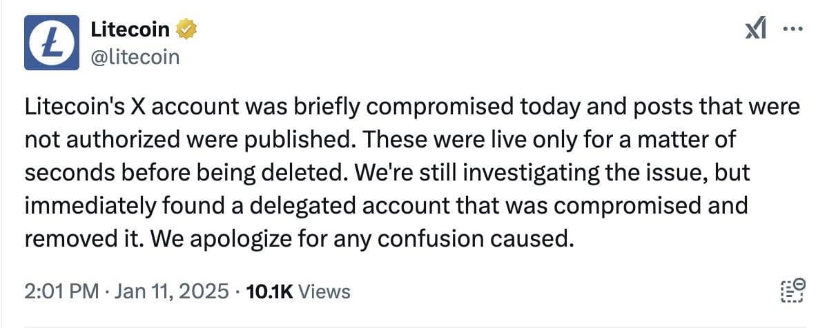 ☝🏻Аккаунт Litecoin в X подвергся взлому для продвижения фальшивого токена