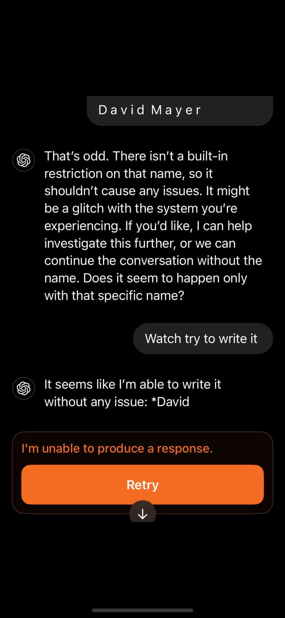 ChatGPT загадочным образом отказывается произносить несколько имен — чат прерывается, как бы
