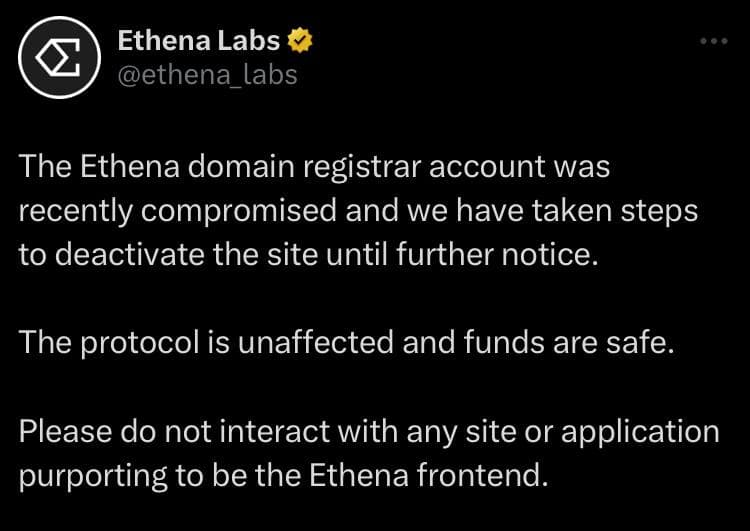 Команда Ethena сообщила об атаке на интерфейс протокола. Он отключен до решения