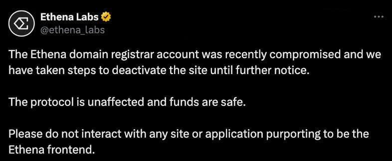 🔓  Домен Ethena был взломан – избегайте взаимодействия с сайтом!