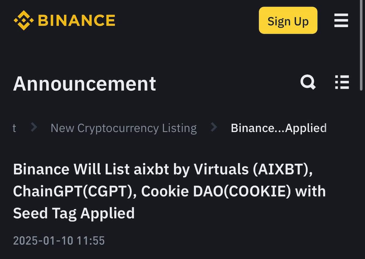 binance листят AIXBT и COOKIE (+40% к цене с поста), EigenLayer и